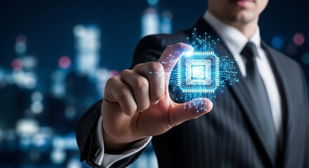 Elegant businessman holding futuristic glowing chip, symbolizing innovation and tech leadership