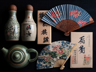 A Collection of Traditional Japanese Artifacts Featuring Fine Ceramics, Elegant Fans, and Beautifully Crafted Teapots Reflecting Cultural Heritage and Aesthetics