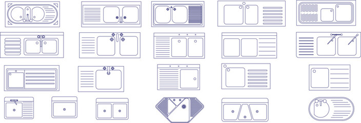 Vector line drawings of various kitchen and utility sinks in plan view, including double/single basins and draining boards, for architectural layouts.