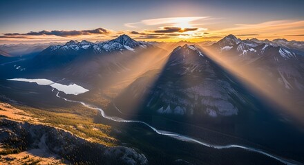 majestic sunrise over snowy peaks with glowing clouds winding river and forested valley below