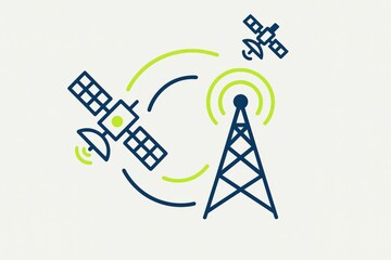 Satellite communication network concept depicting futuristic telecommunications infrastructure with satellites orbiting a radio tower showcasing connectivity and technological innovation