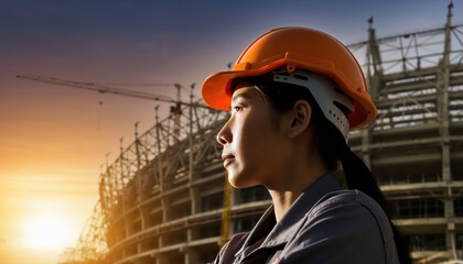 Construction Worker at Site with Sunset Background and Crane in the Distance