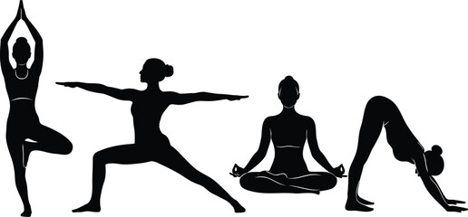 Women Yoga Poses Silhouette Horizontal Banner Vector