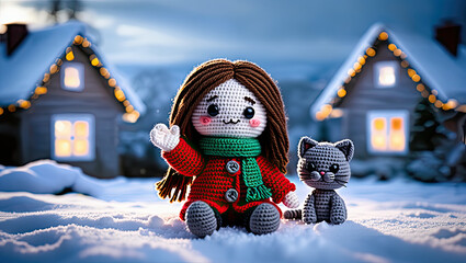 - Crocheted dolls with cat smiling and waving in snowy village
