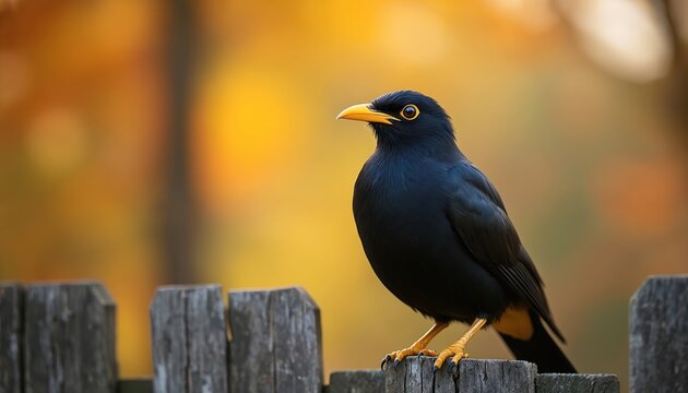 Black bird with yellow beak perched on old wooden fence. Javan myna stands on rustic post. Animal looks left with blurred colorful background of autumn leaves. Wildlife scene with avian creature.
