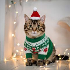 Realistic Christmas portrait of a tabby cat dressed in a knitted sweater and red pom-pom hat, soft lighting and detailed fur.