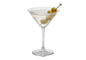 Detailed macro shot of a dirty martini in a chilled coupe glass with condensation, skewered pimento olives, on reflective white marble in a high-key studio concept for beverage advertising
