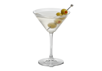 Detailed macro shot of a dirty martini in a chilled coupe glass with condensation, skewered pimento olives, on reflective white marble in a high-key studio concept for beverage advertising