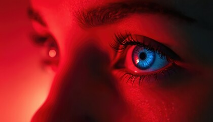Woman looks through blue eye under red neon light. Macro view of iris, pupil, eyelashes. Cinematic mood, shallow depth. Vision, perception, focus.