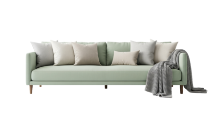 Comfortable Mint Green Sofa with Plush Throw Pillows and Cozy Blanket, Perfect for Modern Living Room Decor