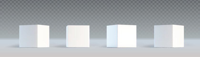 White 3d cube collection with various angle perspectives on transparent background. Minimalist square block set in different rotation and view for geometric mockup, product display or abstract design.