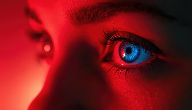 Woman looks through blue eye under red neon light. Macro view of iris, pupil, eyelashes. Cinematic mood, shallow depth. Vision, perception, focus.
