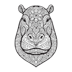 Obraz premium Intricate Zentangle-Style Illustration of a Hippopotamus Head Featuring Detailed Mandala Patterns and Decorative Ornate Designs