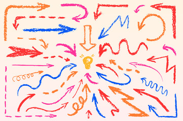 Hand drawn crayon arrow collection - chalk style lines with textured brush strokes. Vector sketchy directional pointers, curved paths, frames and lightbulb doodle for playful presentation design.