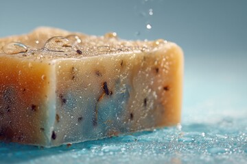 A Close-Up of a Rustic Soap Bar with Bubbles and Water Droplets on a Soft Blue Background, Highlighting Natural Ingredients and Texture