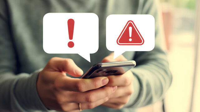 Urgent mobile alert notification as person checks smartphone for important messages, digital security breach, or critical updates with attention icons