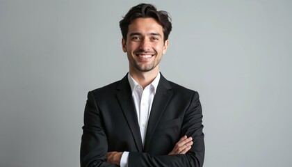 Young man in formal black suit stands with arms crossed. He smiles confidently against plain grey backdrop, exuding professionalism and success. Portrait is suitable for business and corporate needs.
