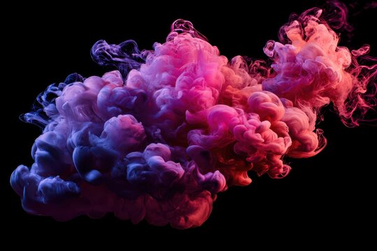 Dense multicolored smoke plume in red, pink and purple against a black background