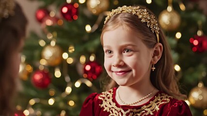 Young Girl in Red Dress with Gold Crown and Necklace Smiling in Front of Christmas Tree with Bokeh Lights - Powered by Adobe
