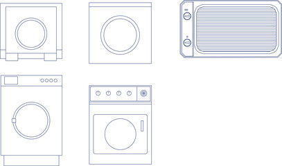 Vector line drawings of laundry appliances (washing machines/dryers) and a heater/air conditioner, shown in front elevation for architectural utility spaces.