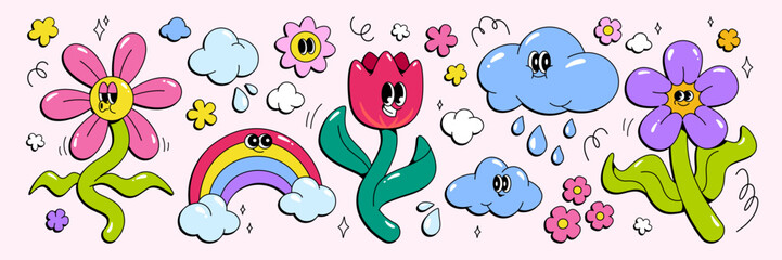 Fototapeta premium Retro groovy cartoon flower character mascots with clouds and rainbow sticker illustration set. Smiling blossoms on green stems with decorative doodles, raindrops and stars for playful design.