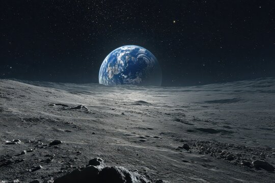 Desolate Moon surface gazing at a blue marble in deep space
