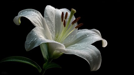Dew-Kissed White Lily Against a Deep Black Background