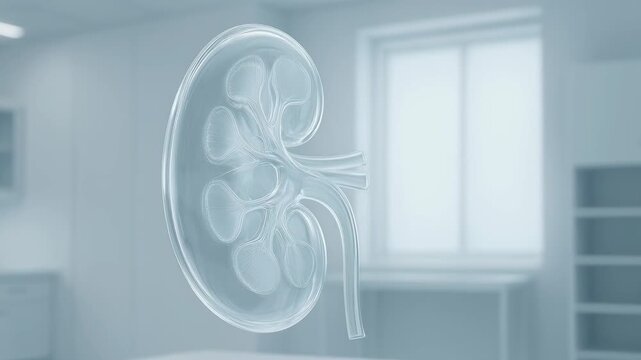 Futuristic medical hologram of biological specimen floating inside clean, sterile laboratory. mysterious and abstract science for advanced nephrology research and diagnosis
