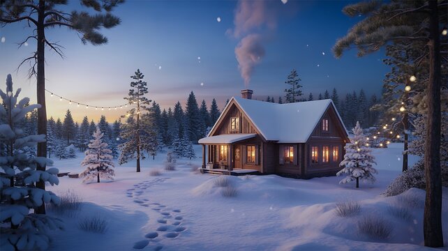 Cozy wooden cabin glowing in snowy forest during winter evening
