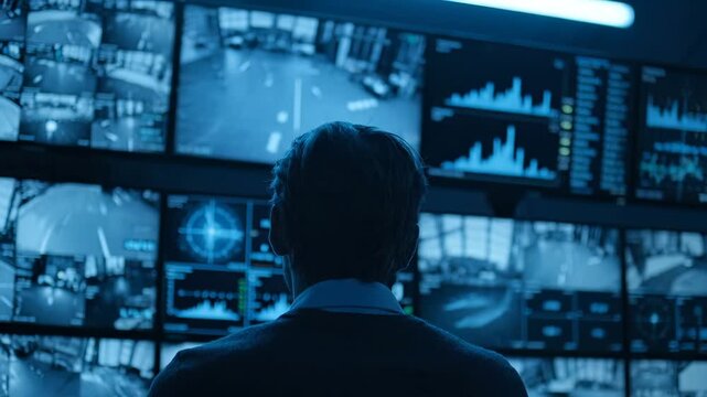 operator at control station monitors surveillance and security feeds. camera feeds on screen and display fill dashboard with grid of thumbnails. monitor array streams live video and alert data.