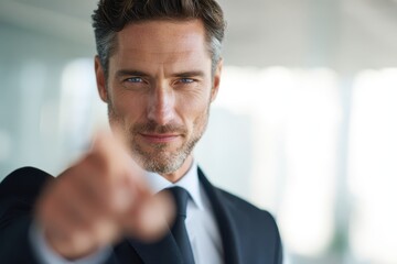 Direct-address shot of a professional businessman pointing at the camera in a modern office