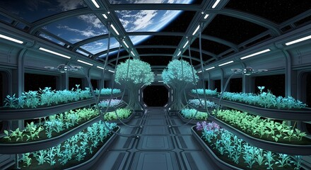 Space station plants trees future garden hydroponics agriculture technology science fiction environment