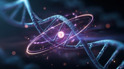 DNA double helix with orbiting glowing subatomic particles in a quantum biology illustration