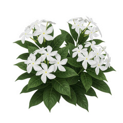 White crape jasmine flowers and green leaves isolated on transparent background