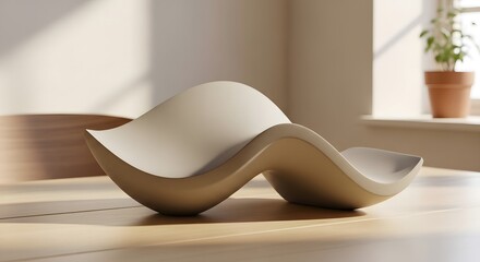 Wavy sculpture minimalist design ceramic pottery art object a modern home decoration in light cream color interior living space background with natural light from window