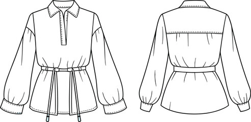 Loose-fit long sleeve women&rsquo;s blouse with collar, half placket, waist belt and gathered cuffs, detailed fashion technical flat garment sketch