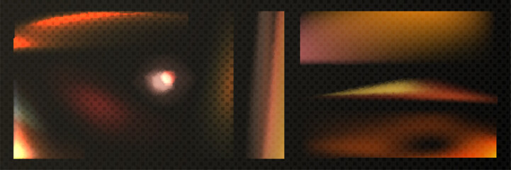 Obraz na płótnie Canvas Film light leak flare effect overlay set with old photo filter texture on transparent background. Vintage analog camera artifacts and orange glow streaks for retro photography or nostalgic design.