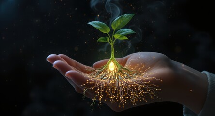 Glowing Seedling Growing in Hand with Sparkling Roots Against Dark Background
