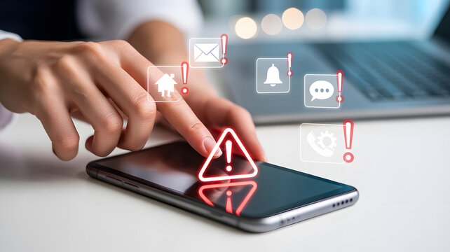 Mobile phone security alert with urgent notifications displays cybersecurity breach, online fraud, and privacy concerns on digital device screen - Powered by Adobe