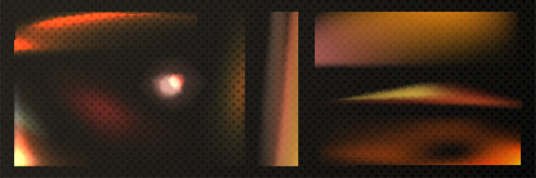 Film light leak flare effect overlay set with old photo filter texture on transparent background. Vintage analog camera artifacts and orange glow streaks for retro photography or nostalgic design.