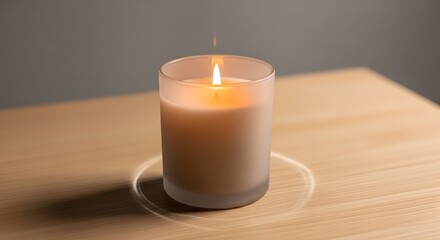 Candle flame in glass jar burning on wooden table emitting circular shadow with gray background in studio smooth lighting for tranquil and minimalist home decor at eye level view