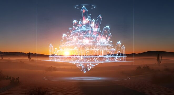 Crystal desert landscape sunset fantasy futuristic glowing abstract artistic illustration dreamscape scene - Powered by Adobe