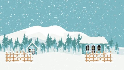 Animation snowy Christmas village with cozy houses, glowing windows, pine trees, and falling snow in a bright winter landscape. - Powered by Adobe