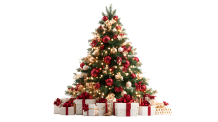 Beautifully decorated Christmas tree with red and gold ornaments, glowing fairy lights, and wrapped gifts placed underneath, elegant festive celebration scene, isolated on white background 