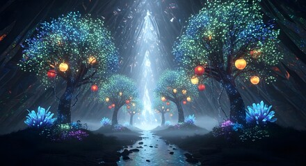 Enchanted forest trees light fantasy nature landscape mystical glowing magical ethereal dreamlike scene art