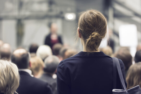 Engaged businesswoman attends professional conference, ready to learn and network with colleagues at industry event, absorbing valuable insights and new business ideas