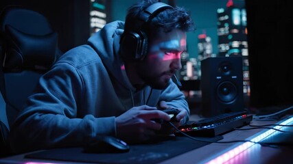 Gamer playing video game intensely. Gaming focus with controller and headset. Setup shows computer monitor and headset. Scene suggests esports streaming technology. Low light vibe highlights focus.