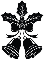 Black Silhouette Christmas Decorative Element with Holly Leaves, Berries, Bow, and Hanging Jingle Bells Vector.