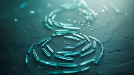 Blue glass fragments forming spiral pattern on textured surface
