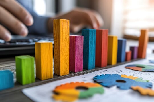 Colorful graphs, gears symbolize business growth, strategy in modern office. Person analyzes charts on desk. Colorful wooden blocks form upward trending bar graphs. Interlocking gears suggest.